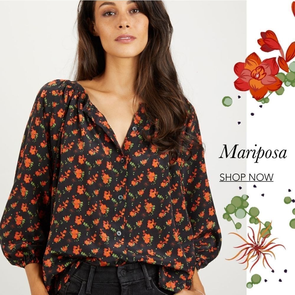 Tucker The Classic Blouse Mariposa Floral in Crepe de Chine Silk Smocked Collar